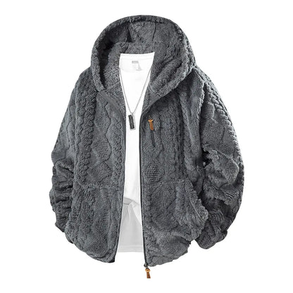 Unisex fleece hooded jacket. Solid woven texture, soft against skin, your go-to outerwear for fall & winter.