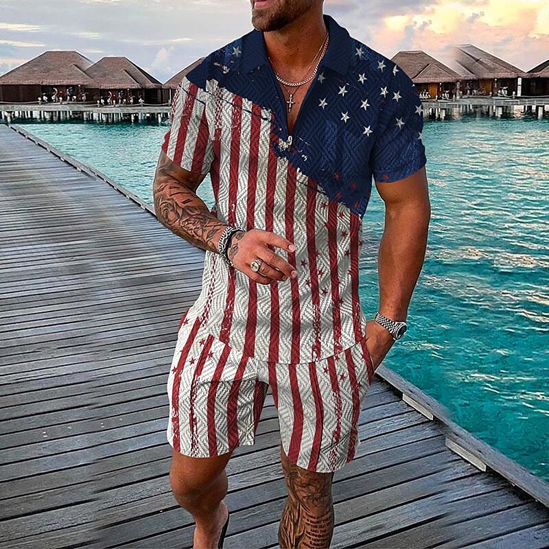 Men's 3D Print Graphic Flag Zipper Casual Short Sleeve Two-piece Set