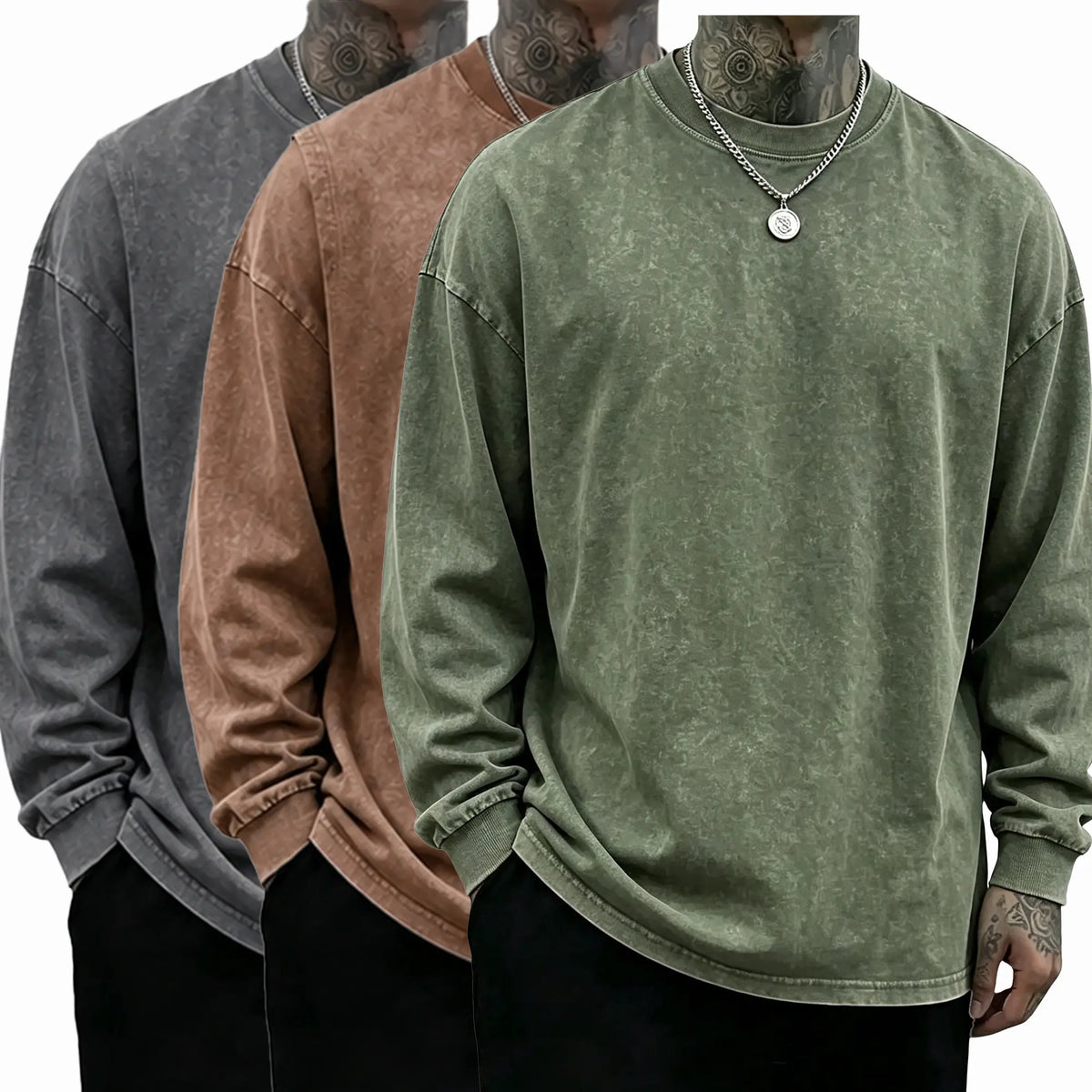 Loose Fit Mineral Wash Pure Cotton Long Sleeve Crew Neck Tee, Vintage Distressed Street Top, Great Men’s Gift