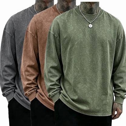Loose Fit Mineral Wash Pure Cotton Long Sleeve Crew Neck Tee, Vintage Distressed Street Top, Great Men’s Gift