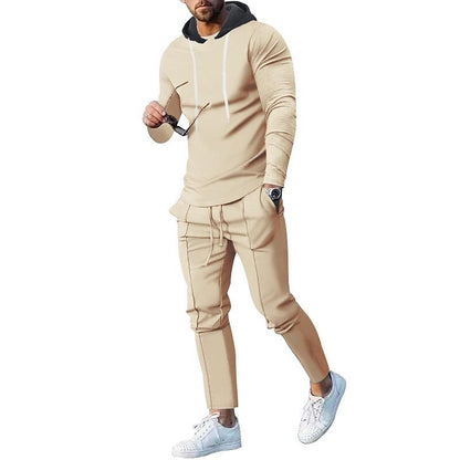 Men's Contrast Hoodied Trendy Pullover Two-piece Suits