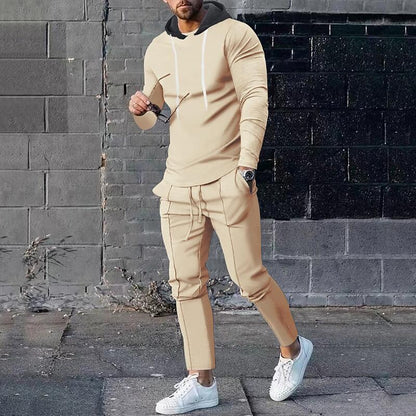 Men's Contrast Hoodied Trendy Pullover Two-piece Suits