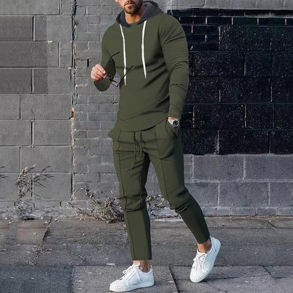 Men's Contrast Hoodied Trendy Pullover Two-piece Suits